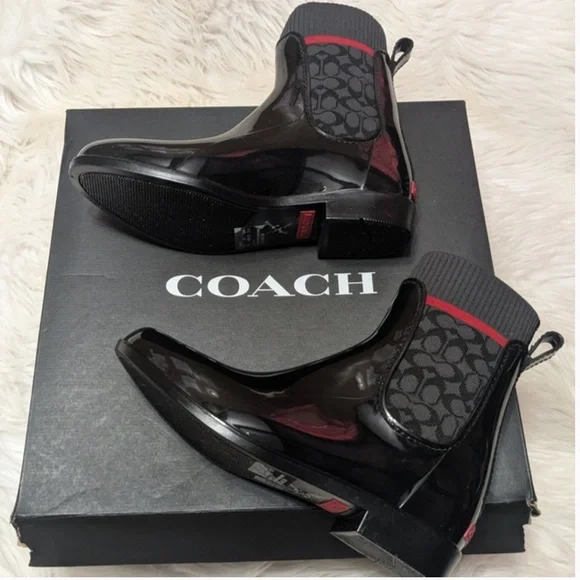 Coach Rivington Rain Boots. Size 8 Black Red. Logo - Picture 12 of 15